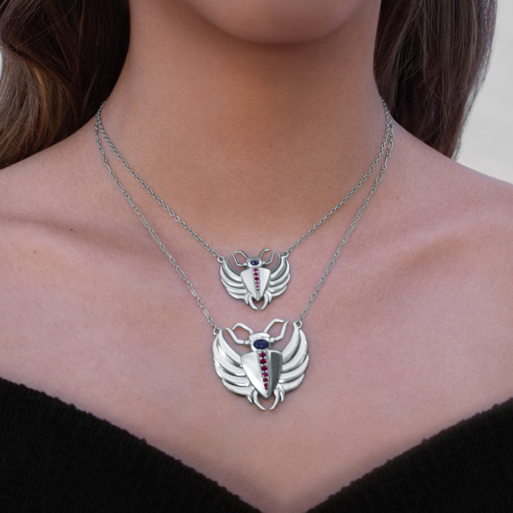 Isis Sapphire & Ruby Mini Scarab Necklace Silver