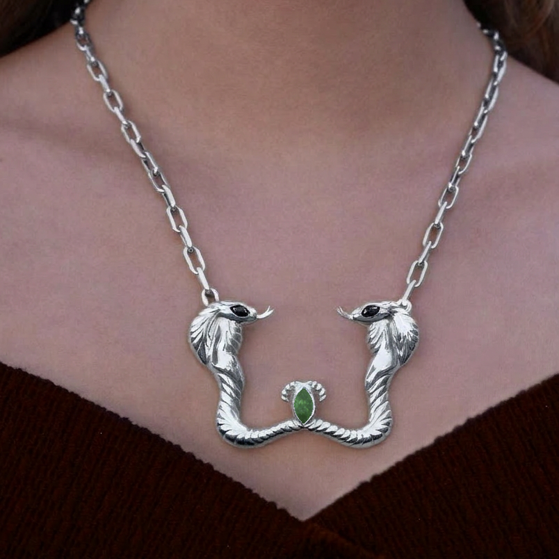 Nefertiti Double Cobra Necklace Silver