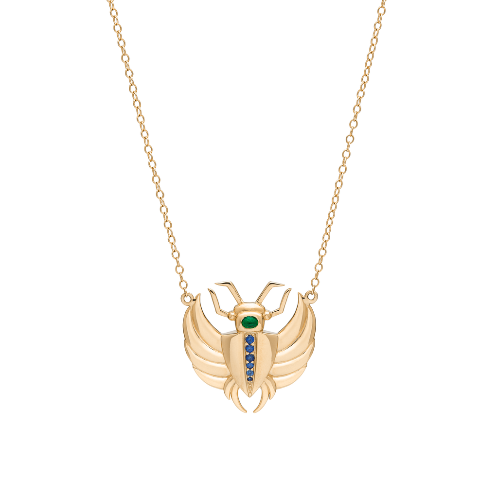 Isis Emerald & Sapphire Mini Scarab Necklace