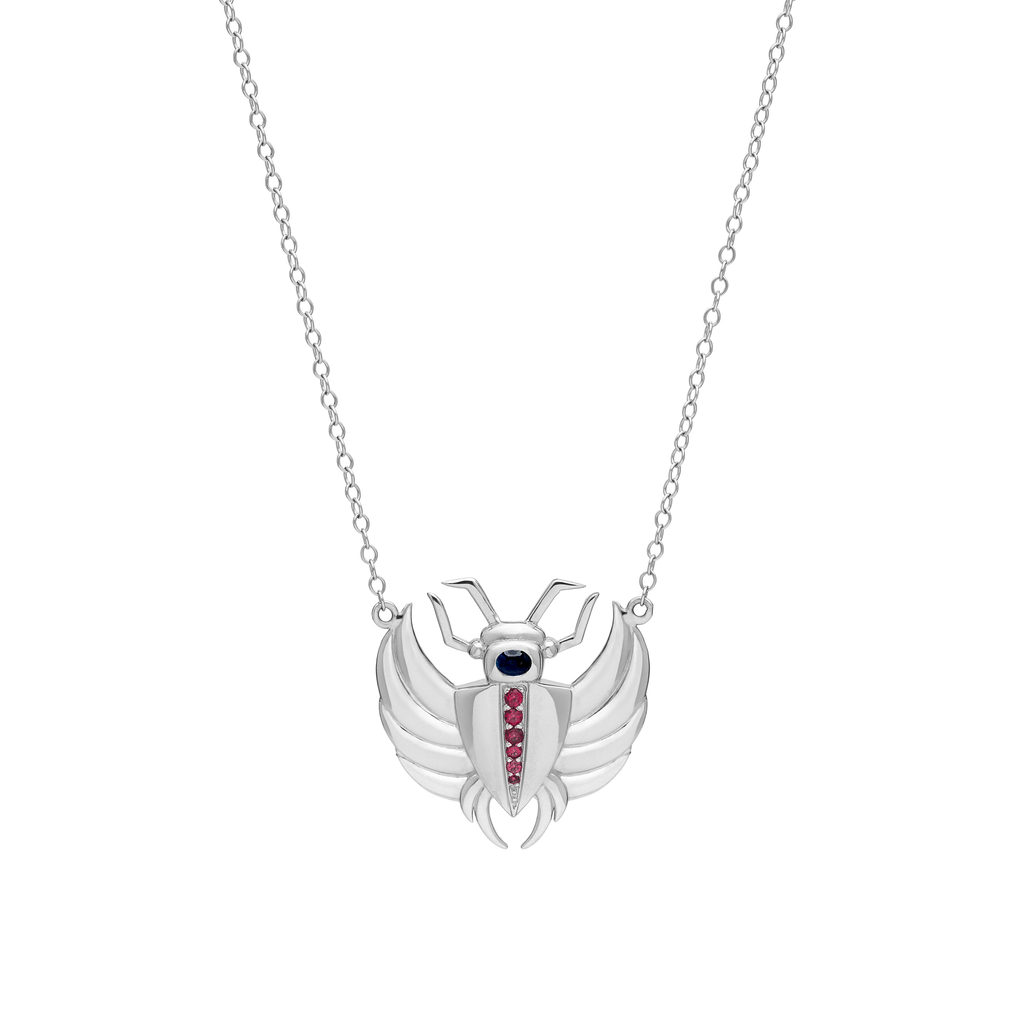Isis Sapphire & Ruby Mini Scarab Necklace Silver