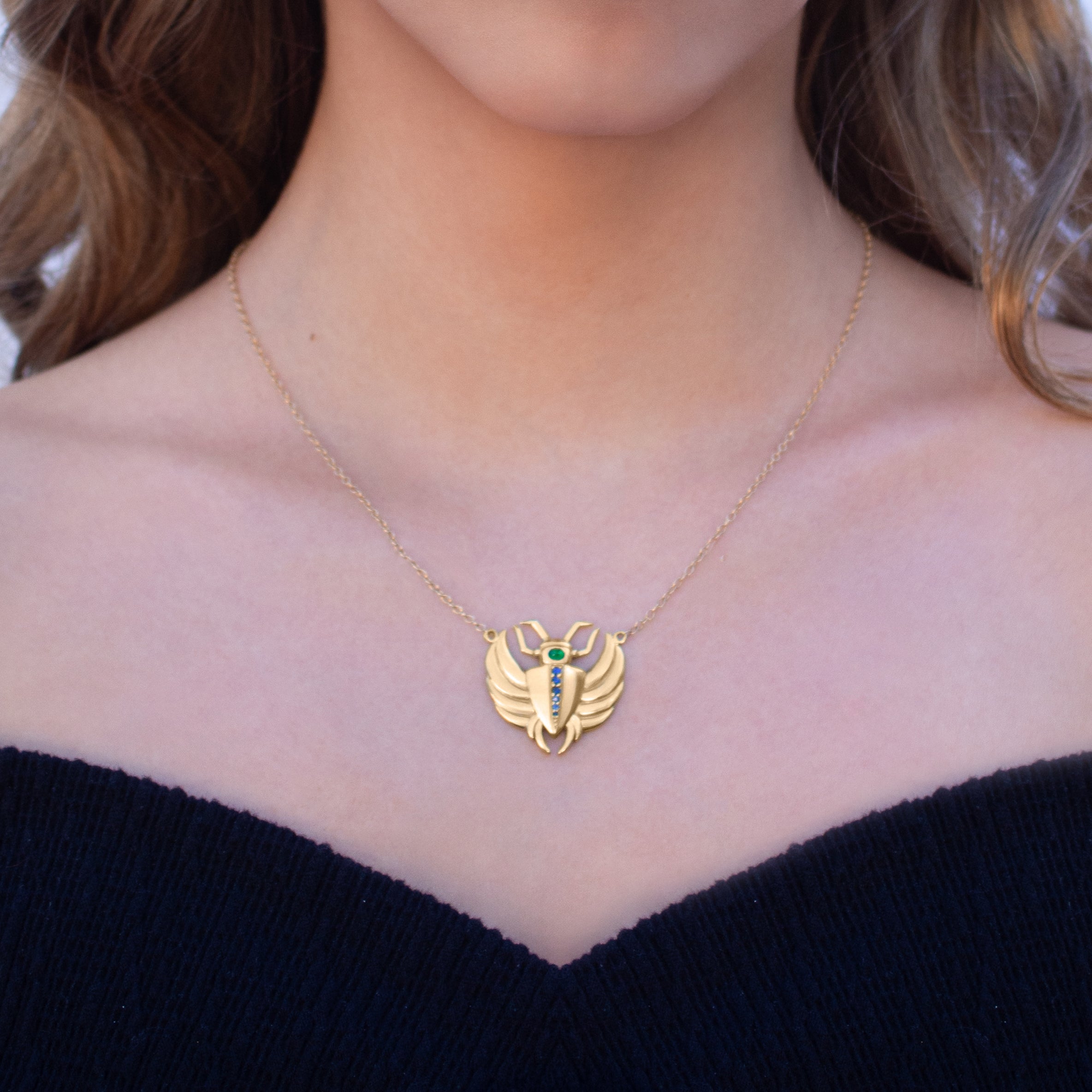 Isis Emerald & Sapphire Mini Scarab Necklace