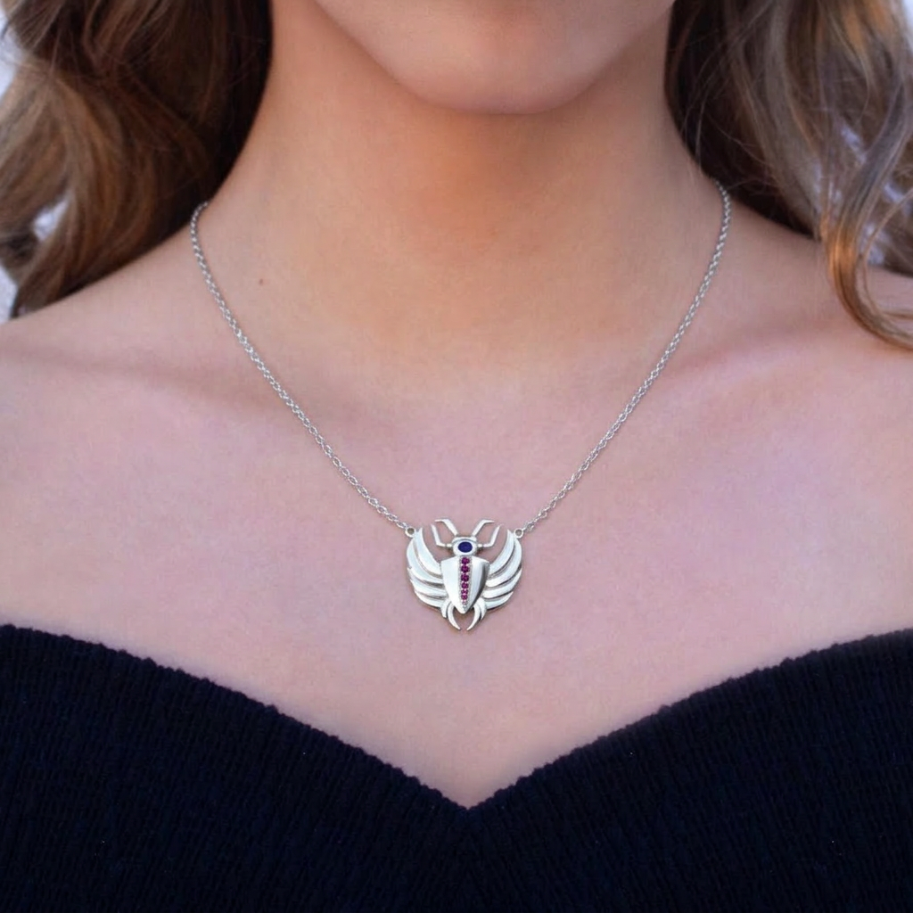 Isis Sapphire & Ruby Mini Scarab Necklace Silver