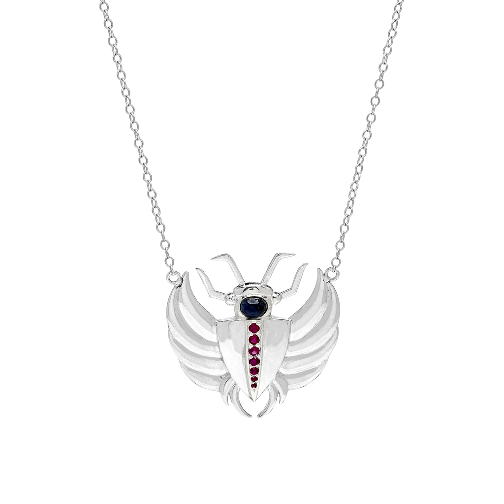 Isis Sapphire & Ruby Scarab Necklace Silver