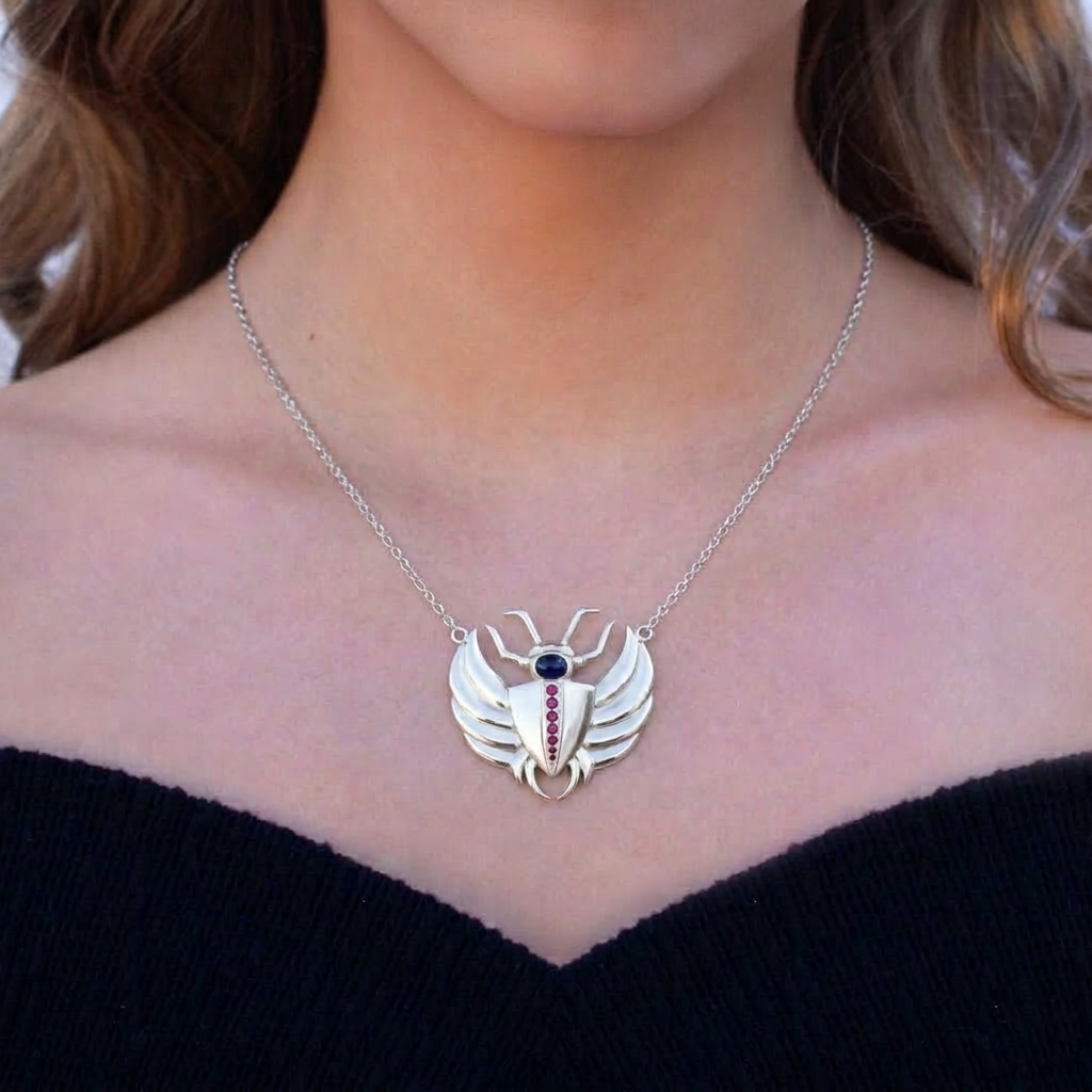 Isis Sapphire & Ruby Scarab Necklace Silver